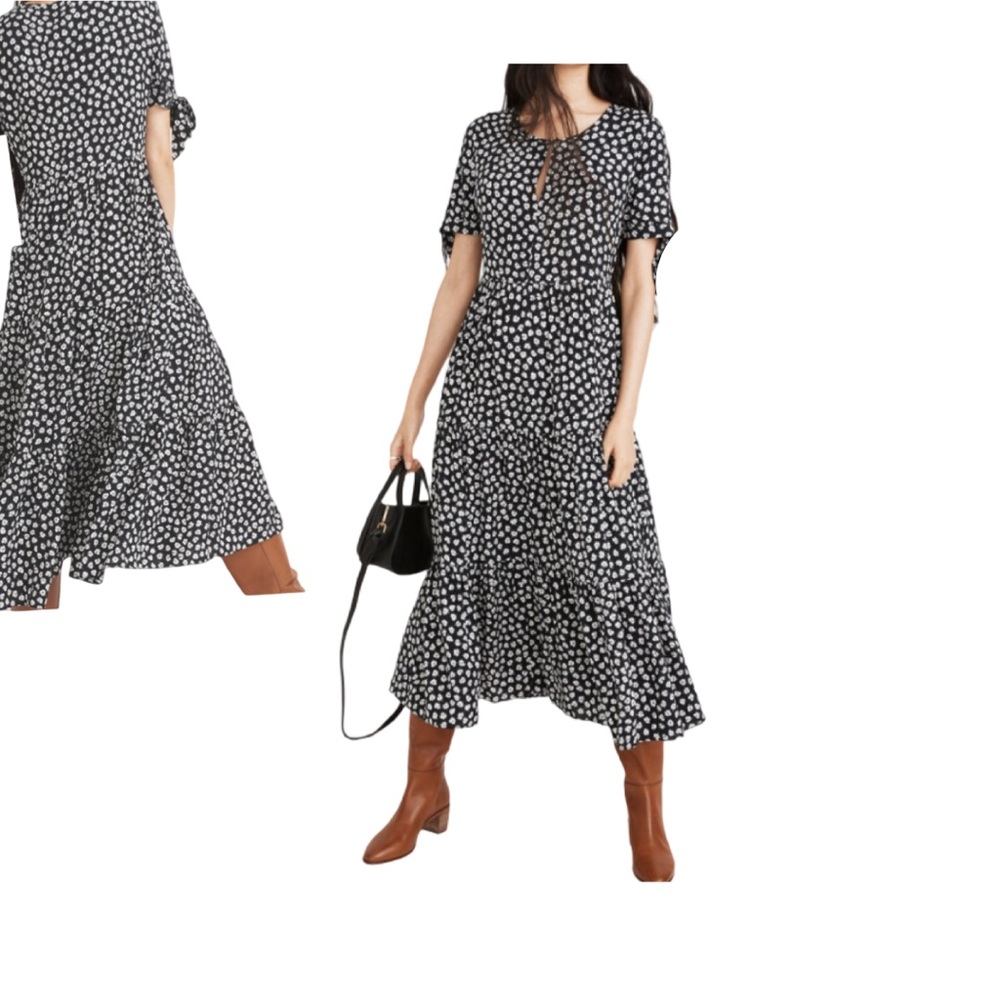 Madewell Tie-Sleeve Tiered Midi Dress  in Woodcut Flowers Small